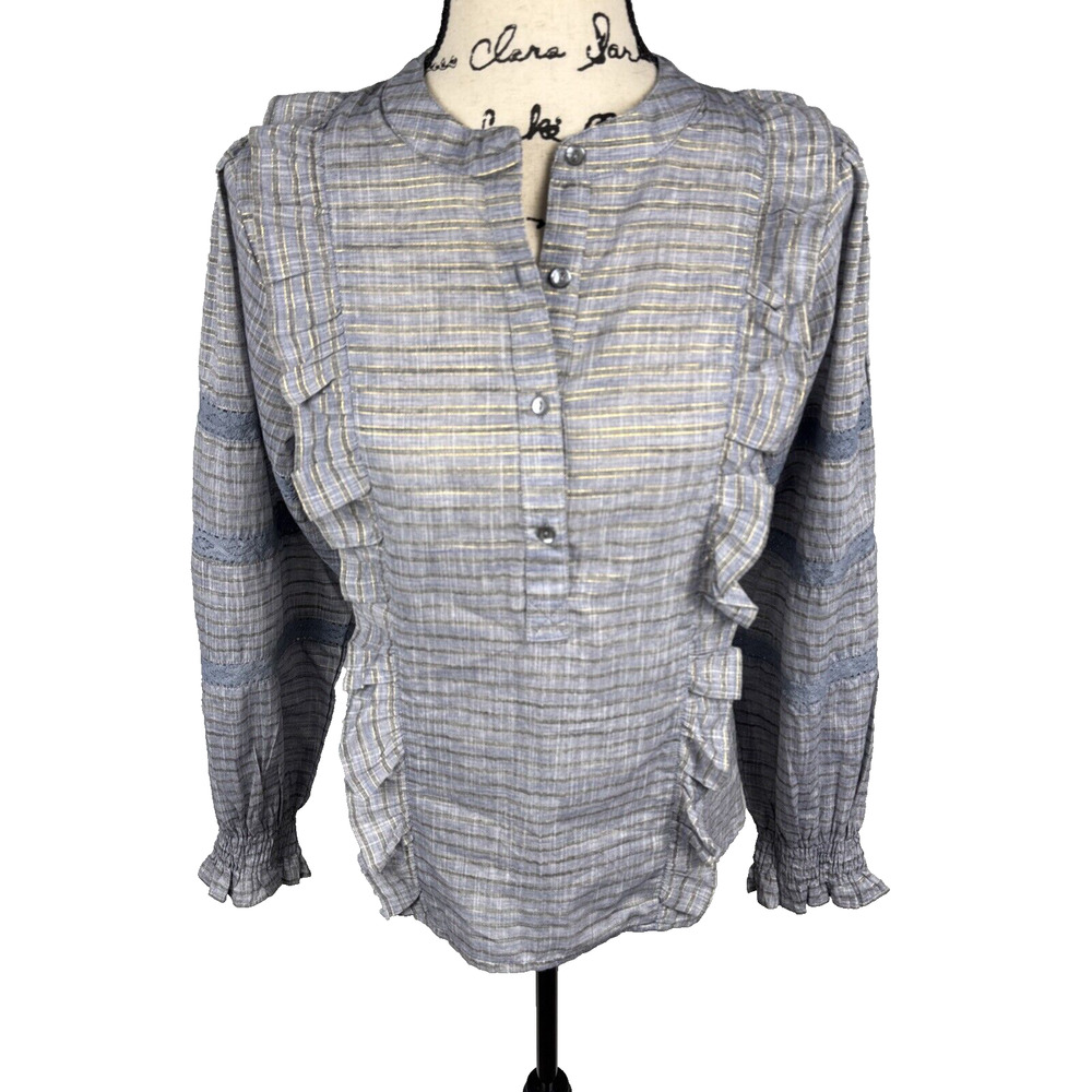 FRNCH Paris Blouse Jada Stripe Ruffled Metallic Medium Cottagecore Peasant Blue - Picture 15 of 15